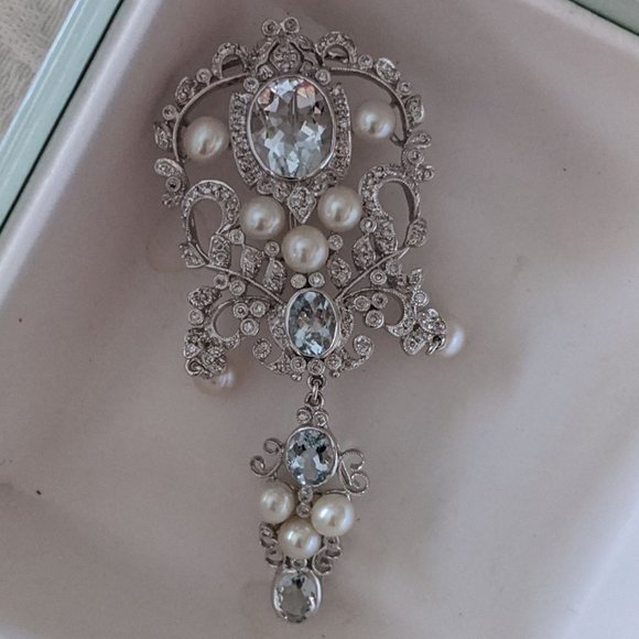 18K/Diamond/Aqua/Pearl Brooch Victorian Style - Picture 3 of 15